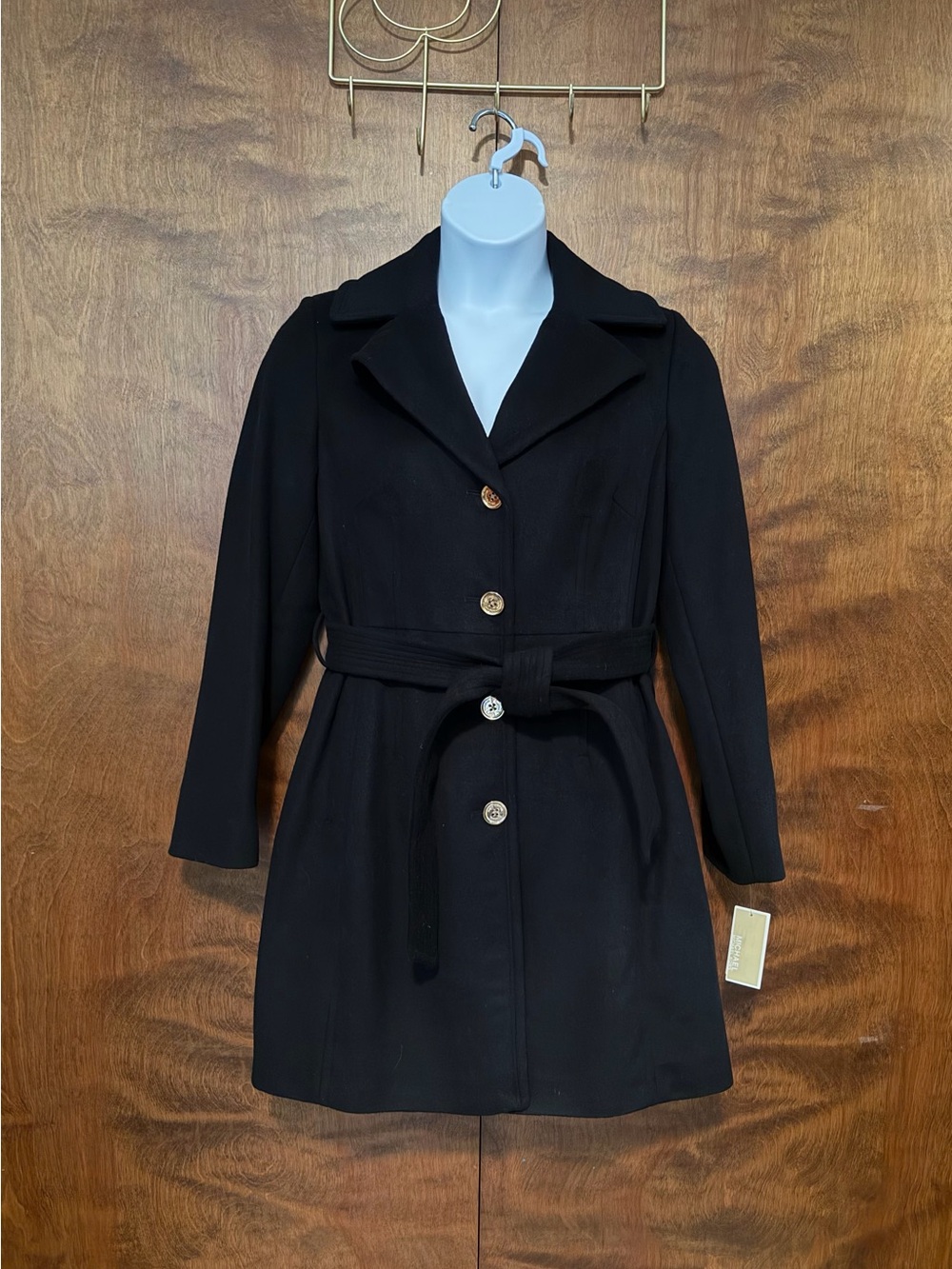 Michael Kors Single Breasted Front Wool Blend Coat Womens M Black Lined Belted
